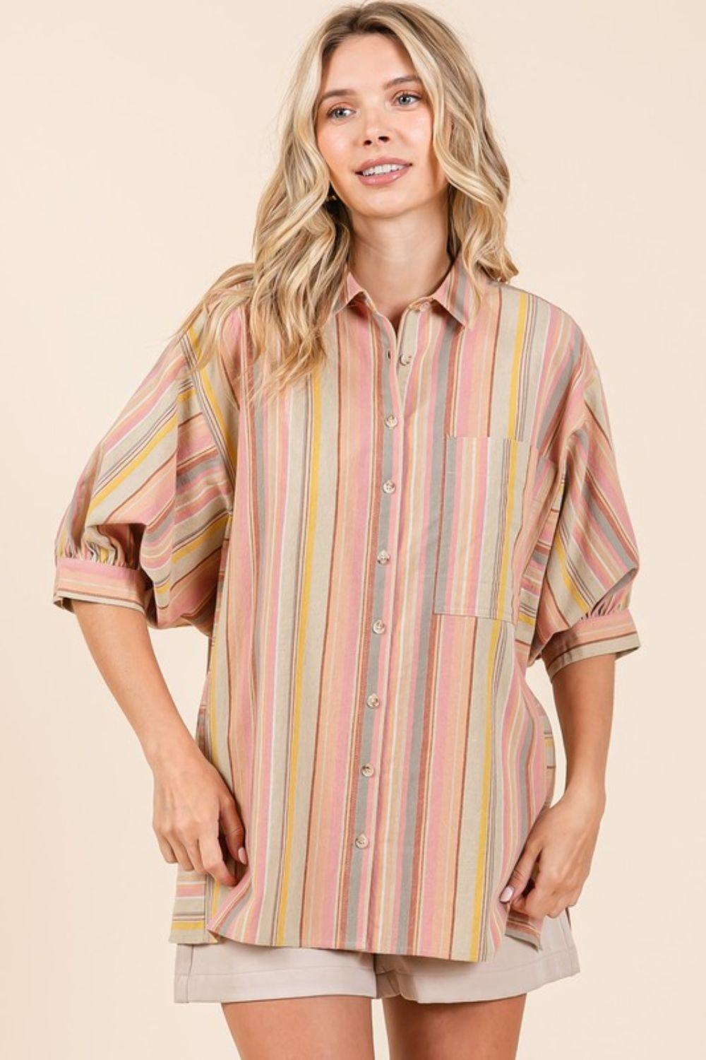 Mittoshop Striped Bubble Sleeve Button Down Shirt - Clothes For Her Online Store