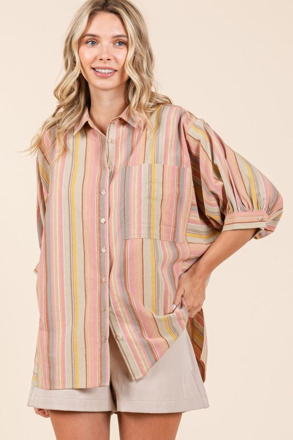 Mittoshop Striped Bubble Sleeve Button Down Shirt - Clothes For Her Online Store