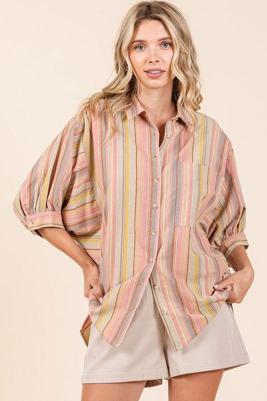Mittoshop Striped Bubble Sleeve Button Down Shirt - Clothes For Her Online Store