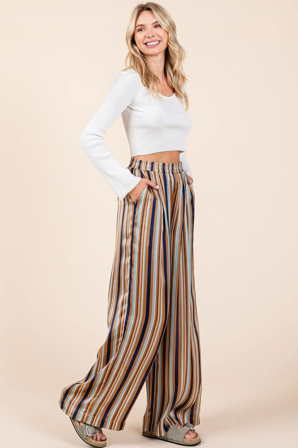 Mittoshop Striped Satin Elastic Waist Wide Leg Pants - Clothes For Her Online Store
