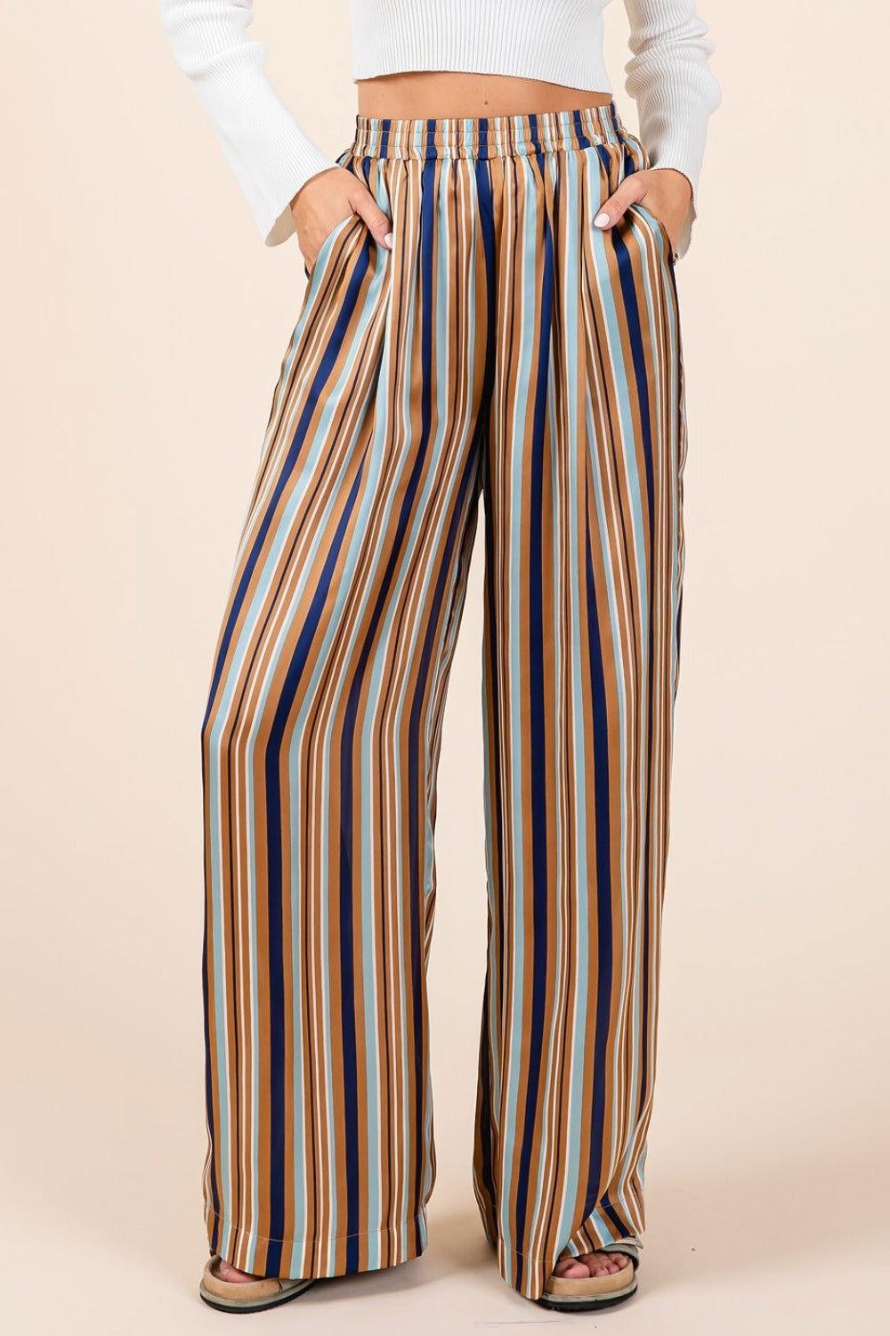 Mittoshop Striped Satin Elastic Waist Wide Leg Pants - Clothes For Her Online Store