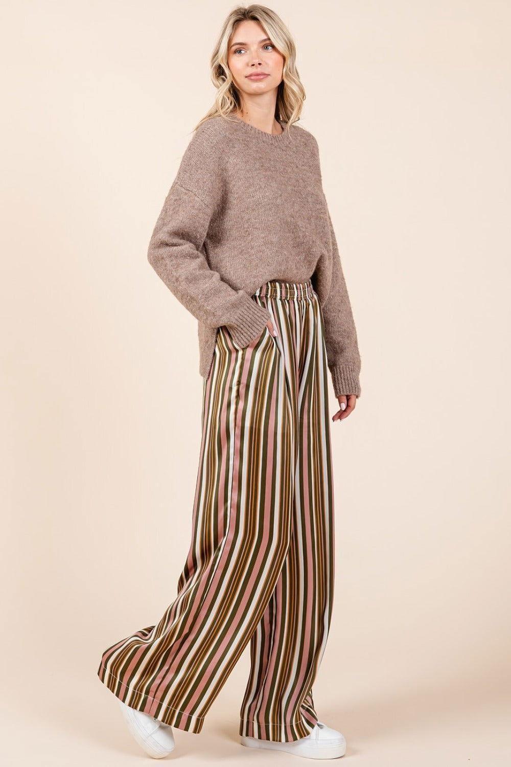 Mittoshop Striped Satin Elastic Waist Wide Leg Pants - Clothes For Her Online Store