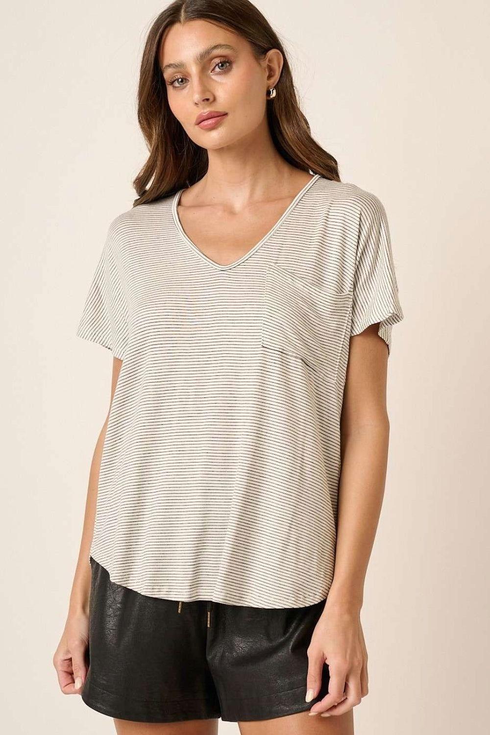 Mittoshop Striped V-Neck Short Sleeve T-Shirt - Clothes For Her Online Store