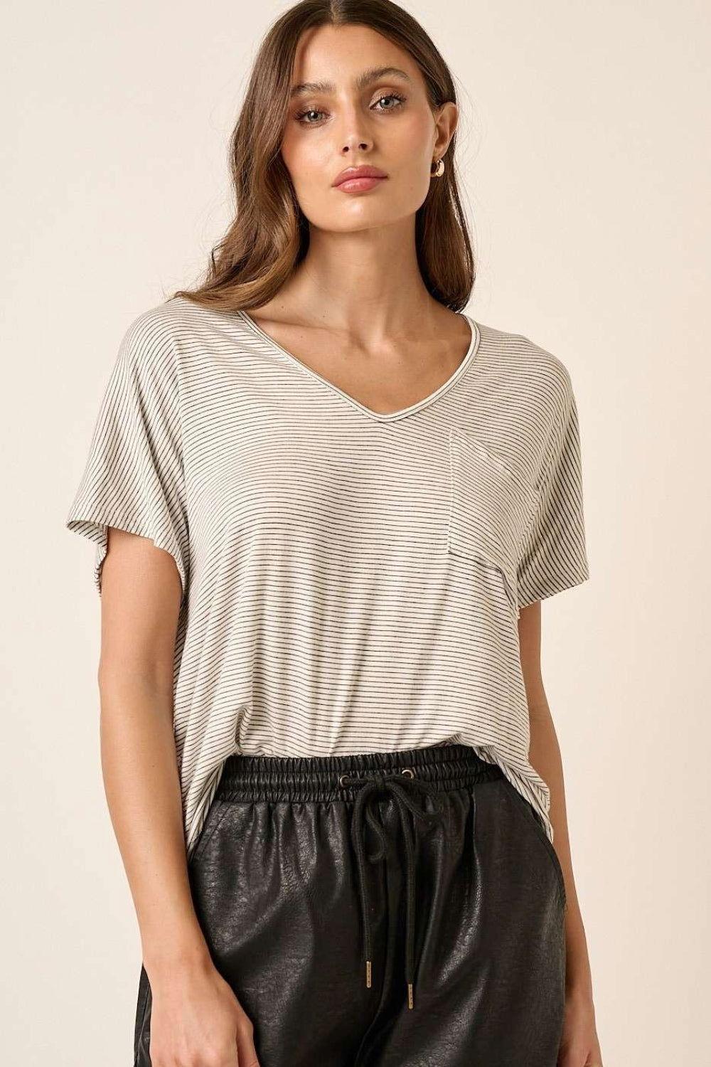 Mittoshop Striped V-Neck Short Sleeve T-Shirt - Clothes For Her Online Store