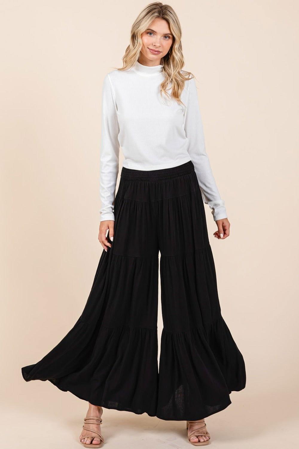 Mittoshop Tier Detail Smocked Elastic Waist Wide Leg Pants - Clothes For Her Online Store