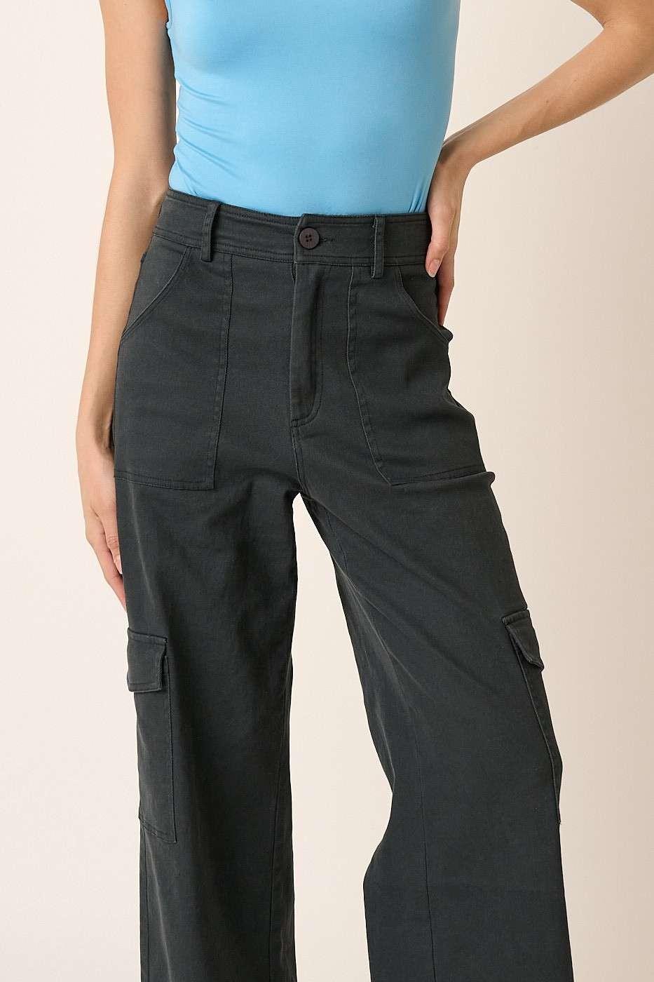 Mittoshop Wide Leg High Waist Pants with Cargo Pockets - Clothes For Her Online Store