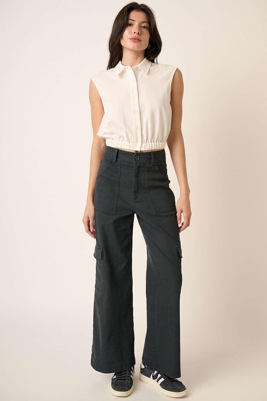 Mittoshop Wide Leg High Waist Pants with Cargo Pockets - Clothes For Her Online Store