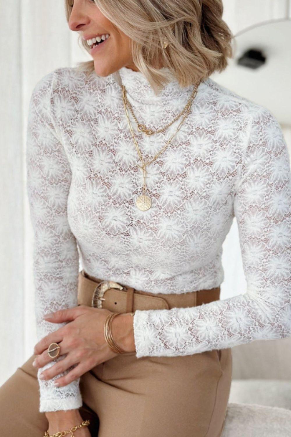 Mock Neck Long Sleeve Lace Top - Clothes For Her Online Store