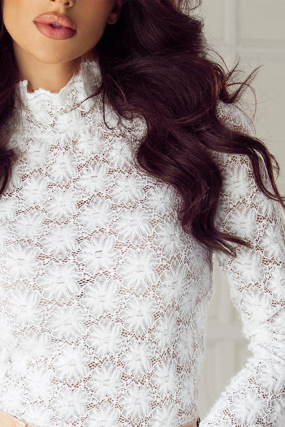 Mock Neck Long Sleeve Lace Top - Clothes For Her Online Store