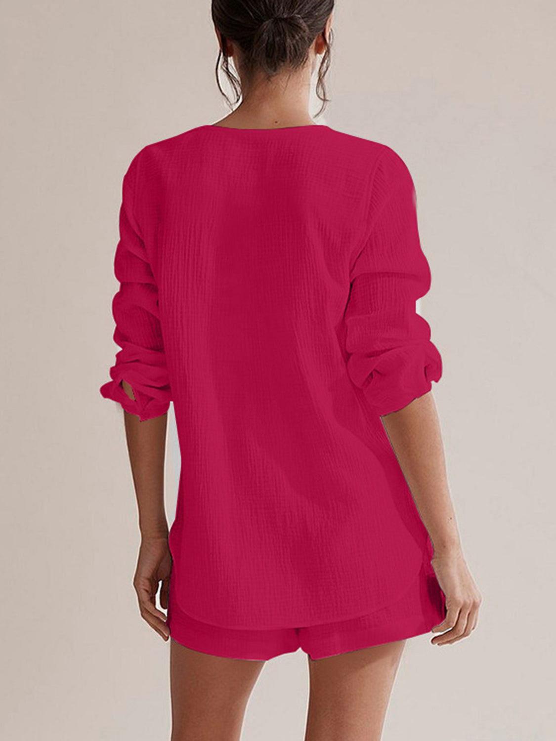 Notched Long Sleeve Top and Shorts Set - Clothes For Her Online Store