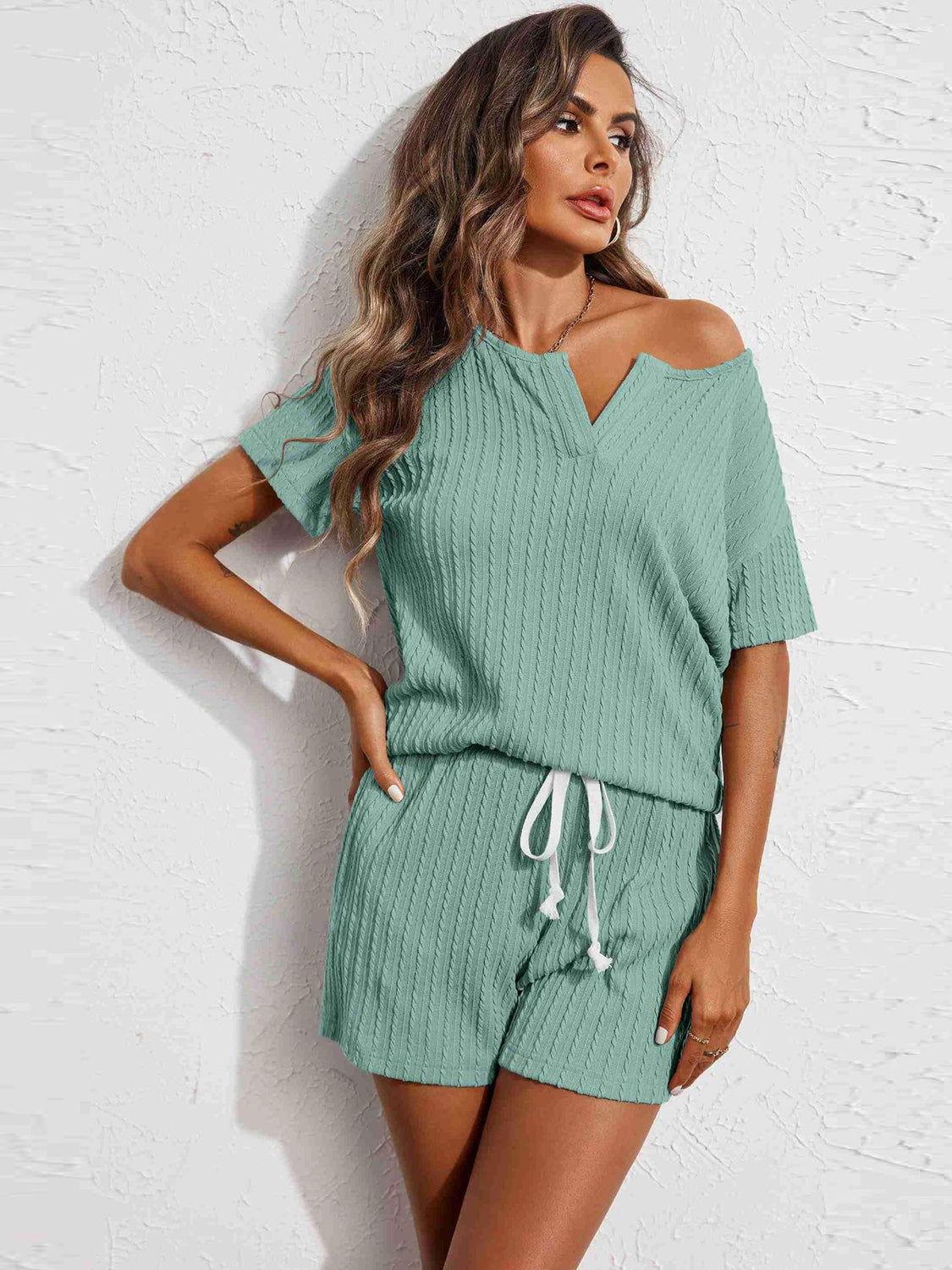 Notched Short Sleeve Top and Shorts Set - Clothes For Her Online Store