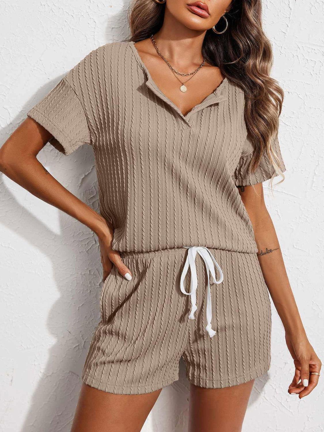 Notched Short Sleeve Top and Shorts Set - Clothes For Her Online Store