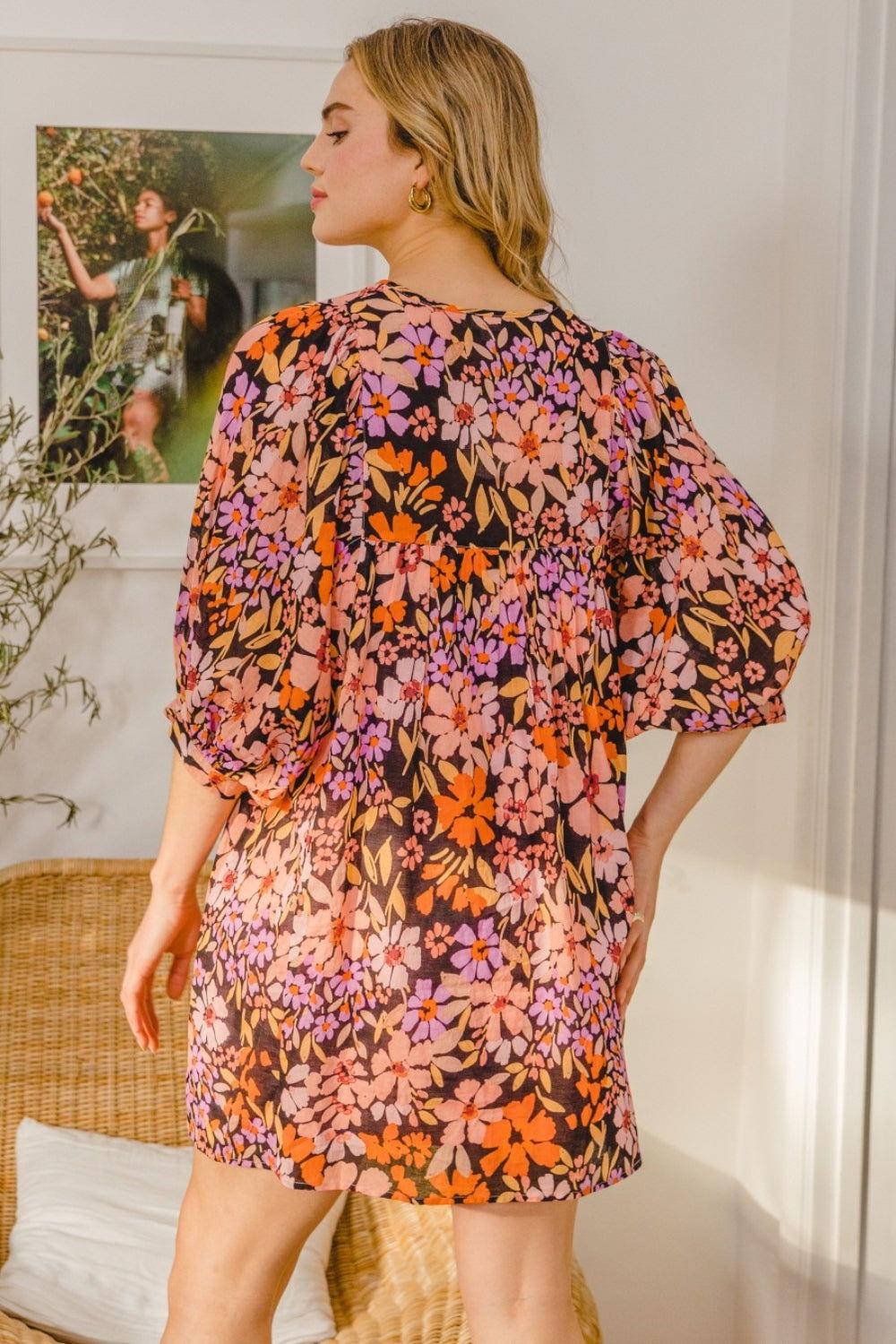 ODDI Full Size Floral Tied Neck Mini Dress - Clothes For Her Online Store