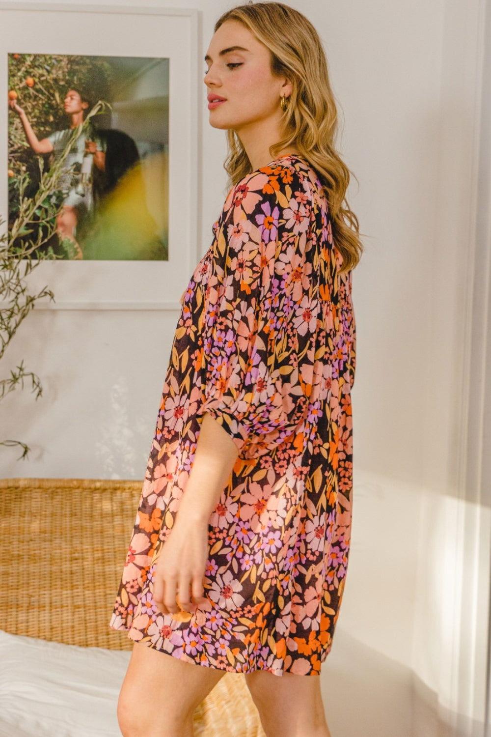 ODDI Full Size Floral Tied Neck Mini Dress - Clothes For Her Online Store