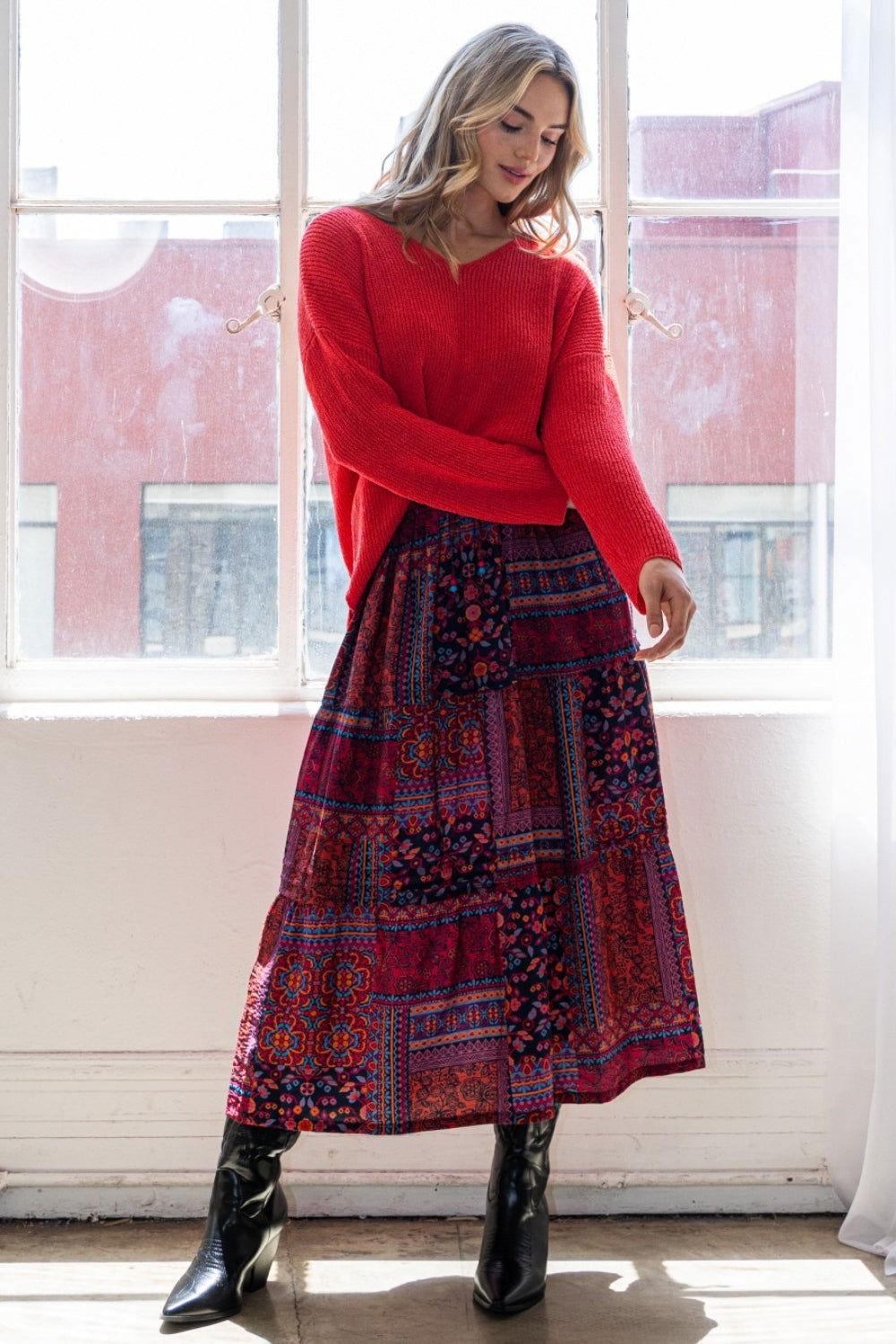 ODDI Full Size Printed Tiered Maxi Skirt - Clothes For Her Online Store