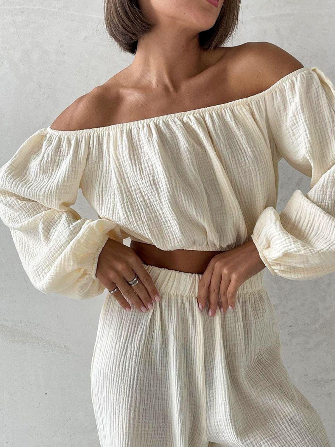 Off Shoulder Long Sleeve Top and Pants Set - Clothes For Her Online Store