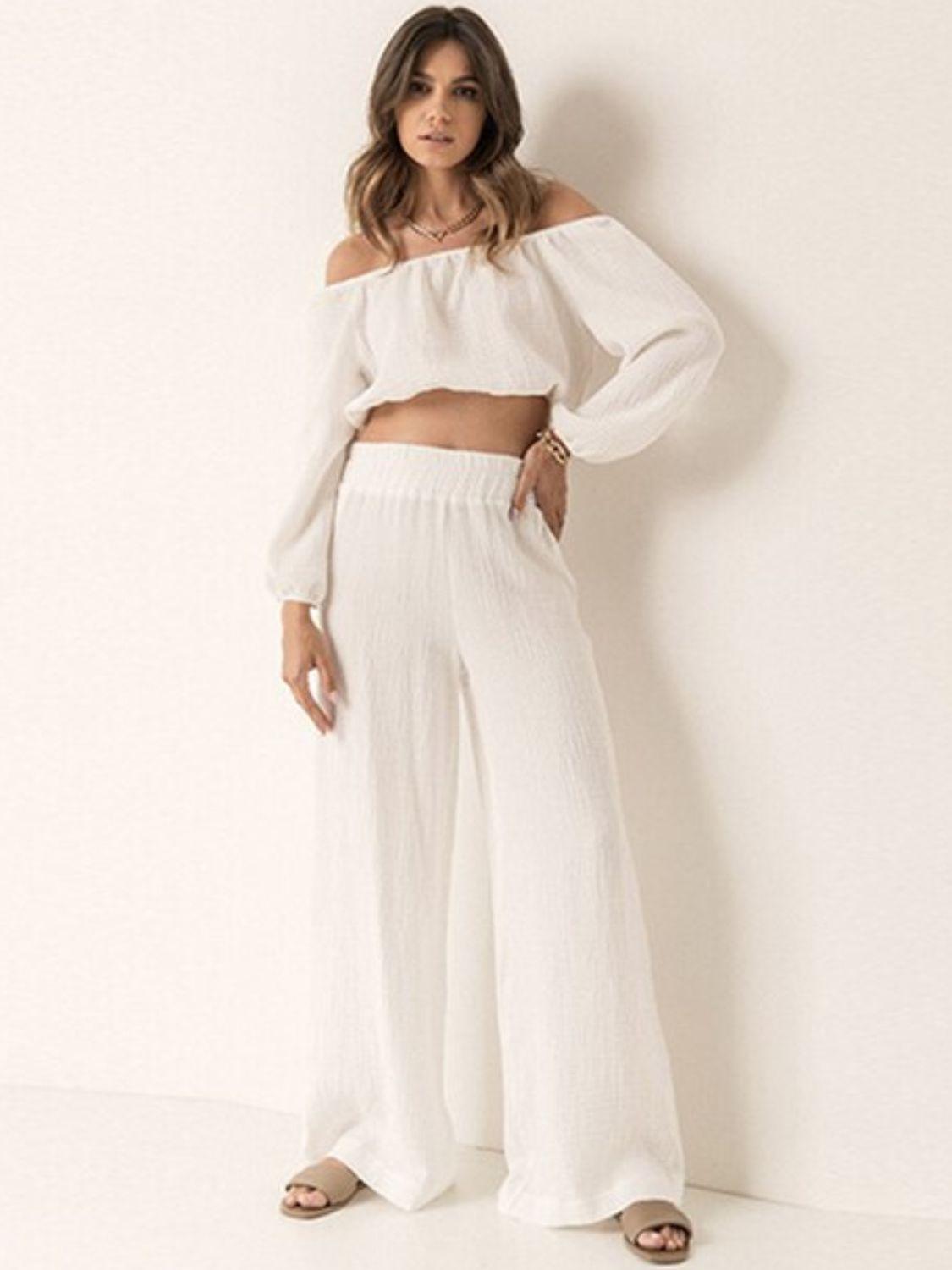 Off Shoulder Long Sleeve Top and Pants Set - Clothes For Her Online Store
