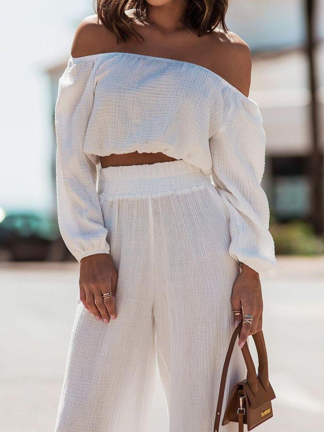 Off Shoulder Long Sleeve Top and Pants Set - Clothes For Her Online Store