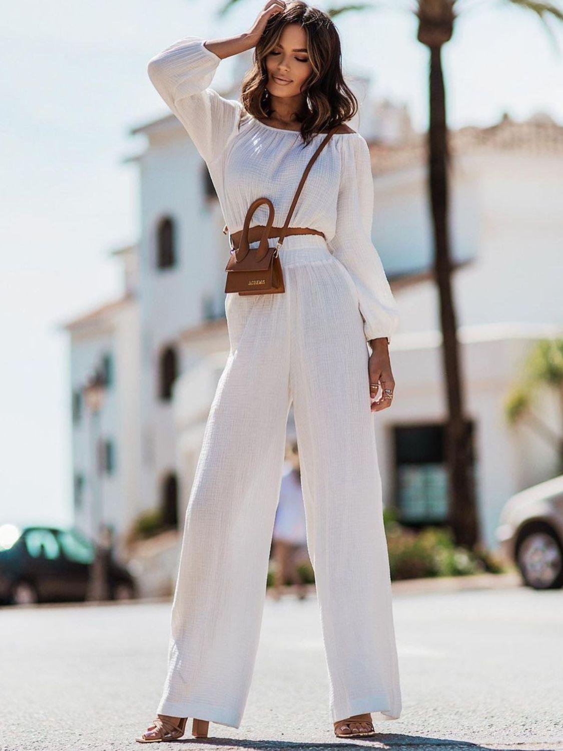 Off Shoulder Long Sleeve Top and Pants Set - Clothes For Her Online Store