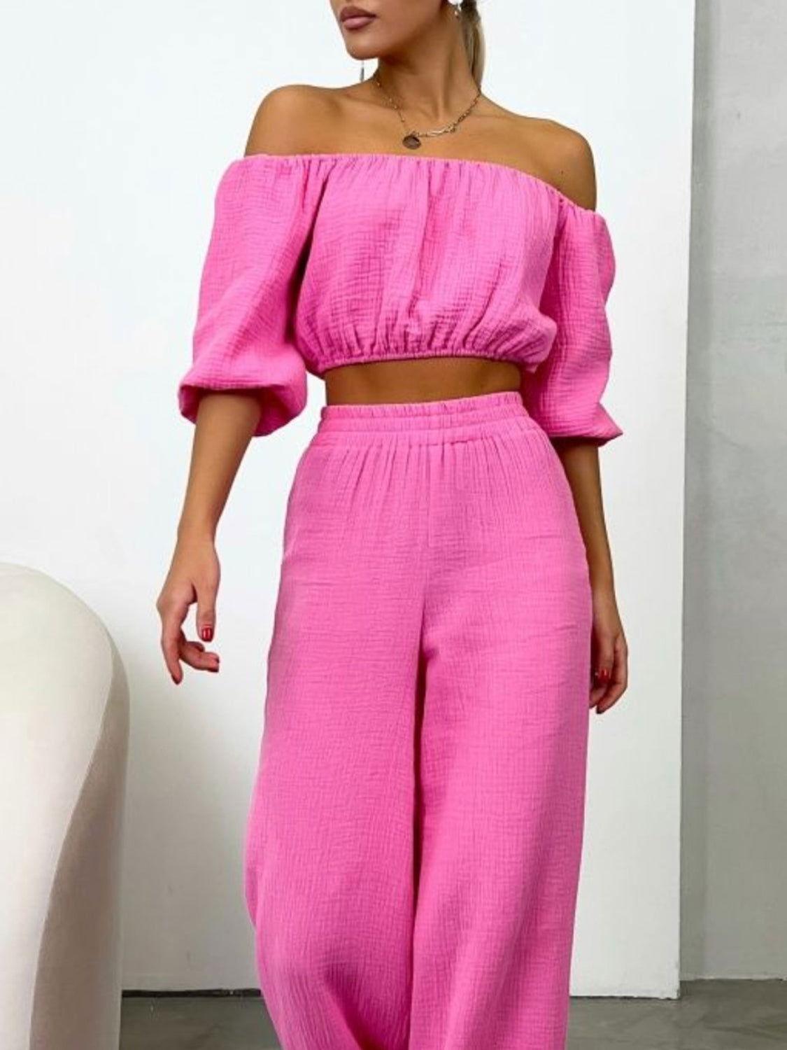 Off Shoulder Long Sleeve Top and Pants Set - Clothes For Her Online Store