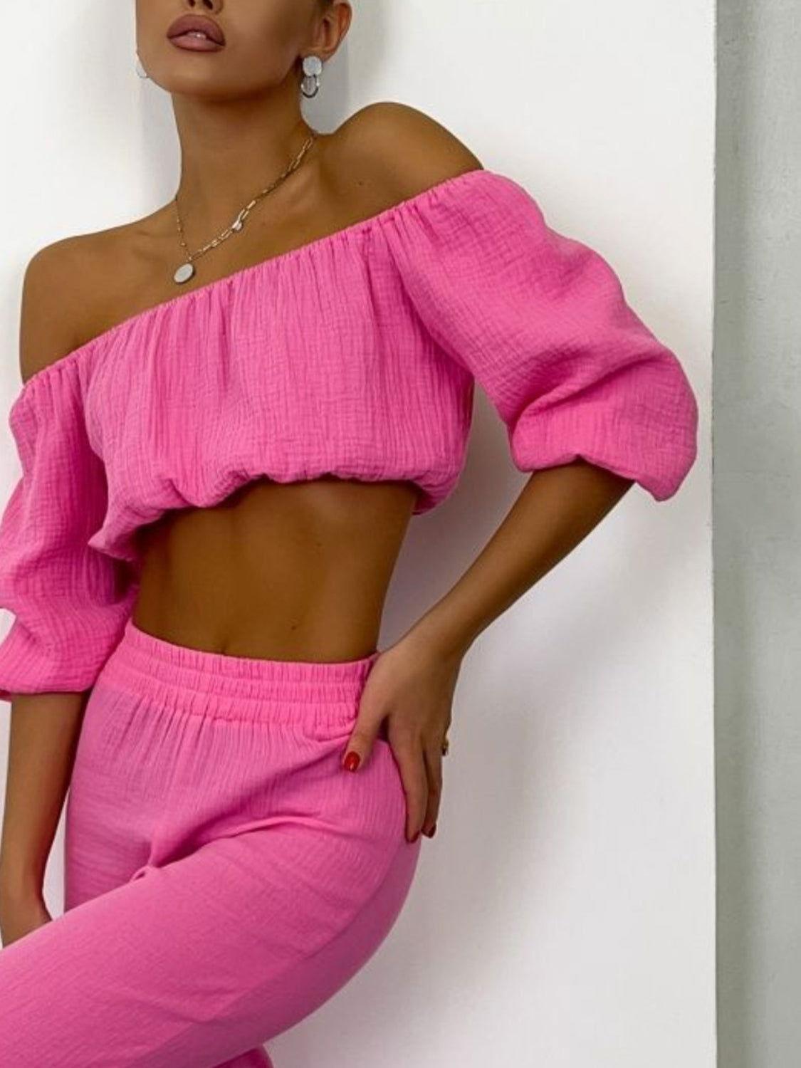 Off Shoulder Long Sleeve Top and Pants Set - Clothes For Her Online Store