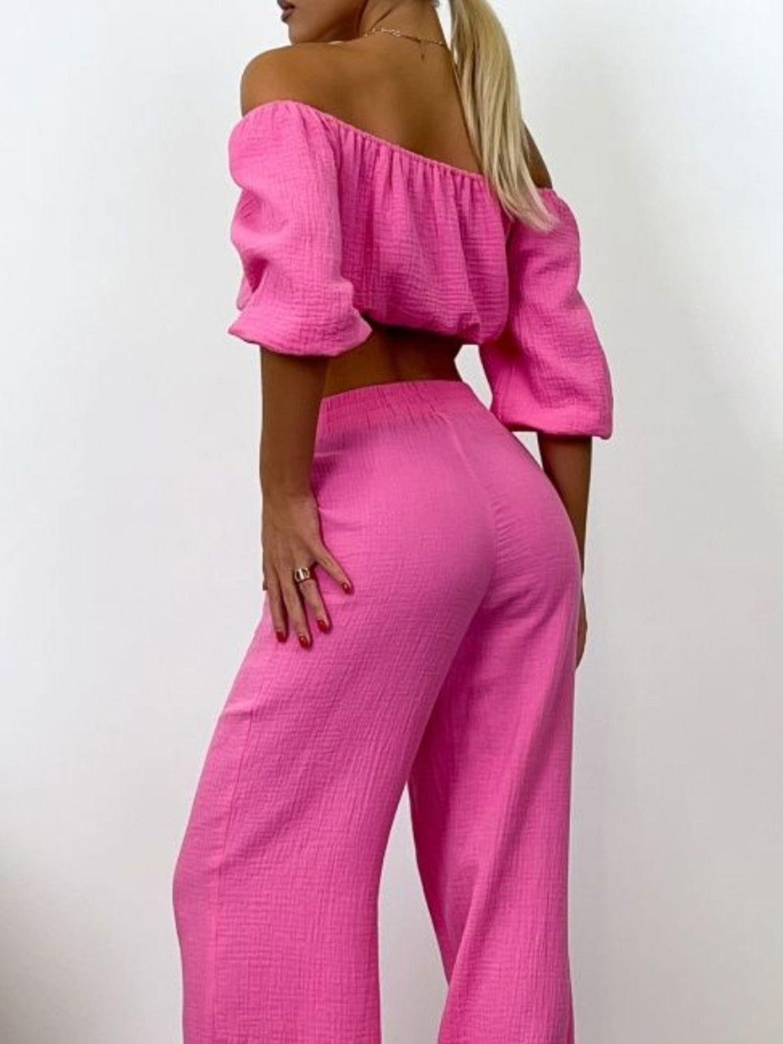 Off Shoulder Long Sleeve Top and Pants Set - Clothes For Her Online Store