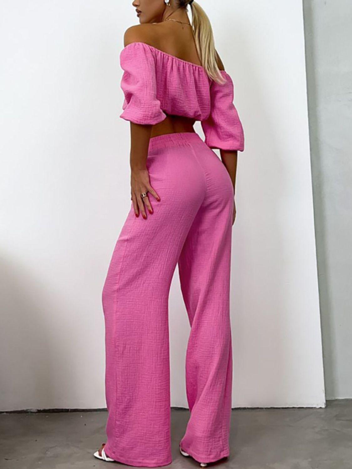 Off Shoulder Long Sleeve Top and Pants Set - Clothes For Her Online Store