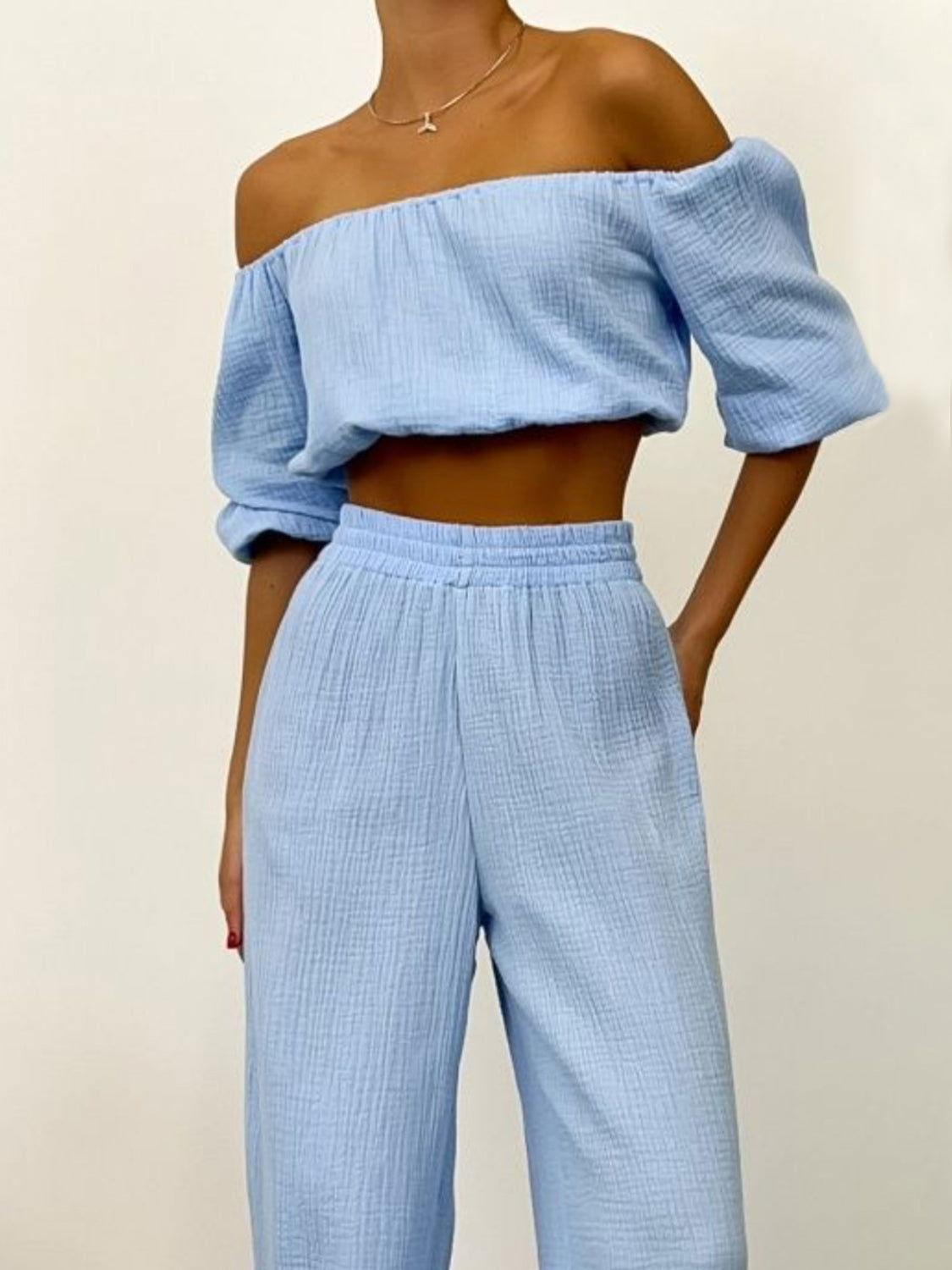 Off Shoulder Long Sleeve Top and Pants Set - Clothes For Her Online Store