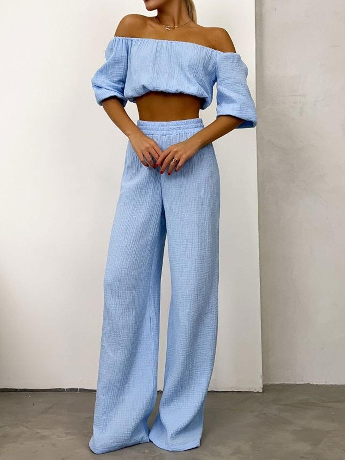 Off Shoulder Long Sleeve Top and Pants Set - Clothes For Her Online Store