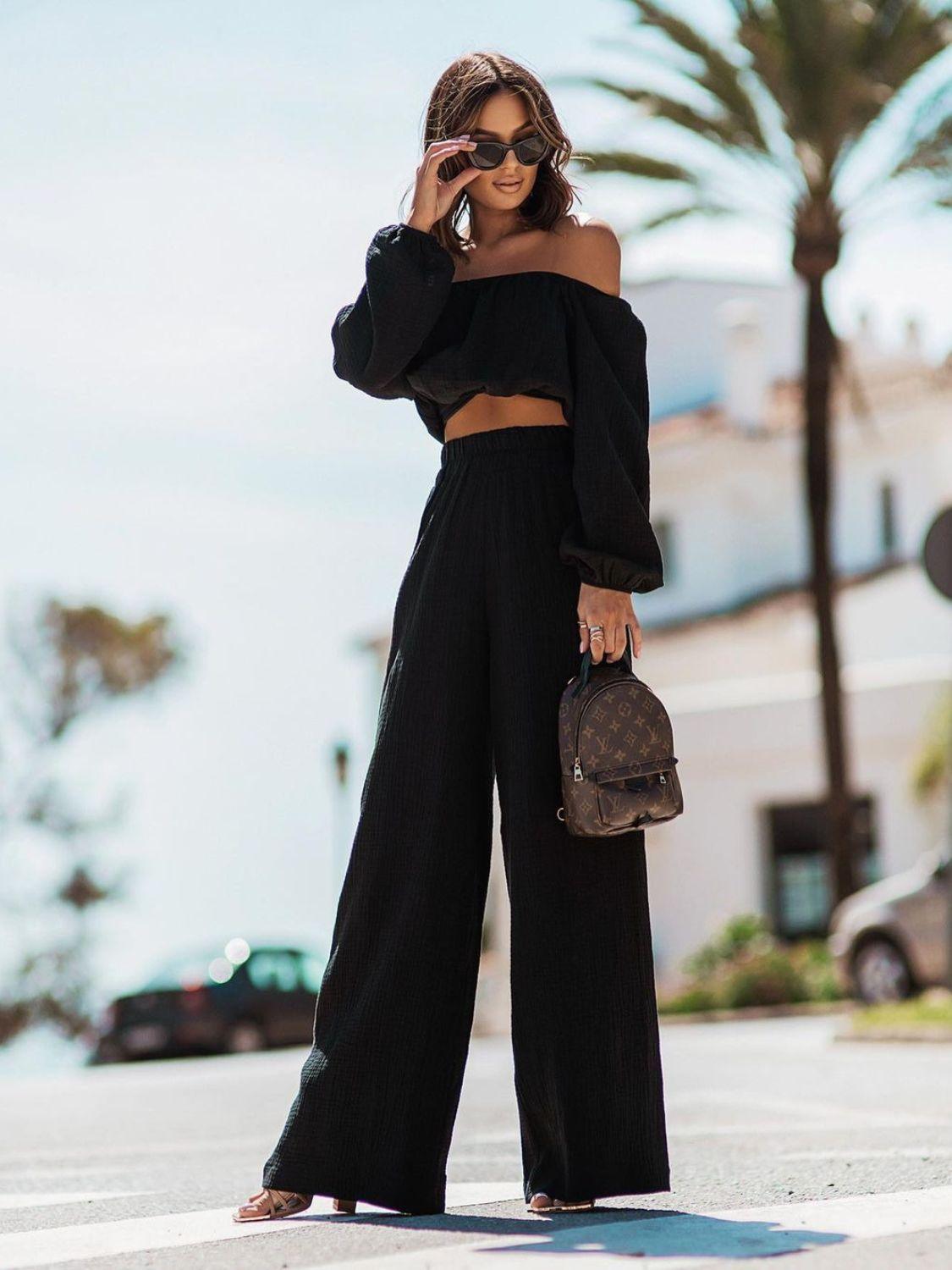 Off Shoulder Long Sleeve Top and Pants Set - Clothes For Her Online Store