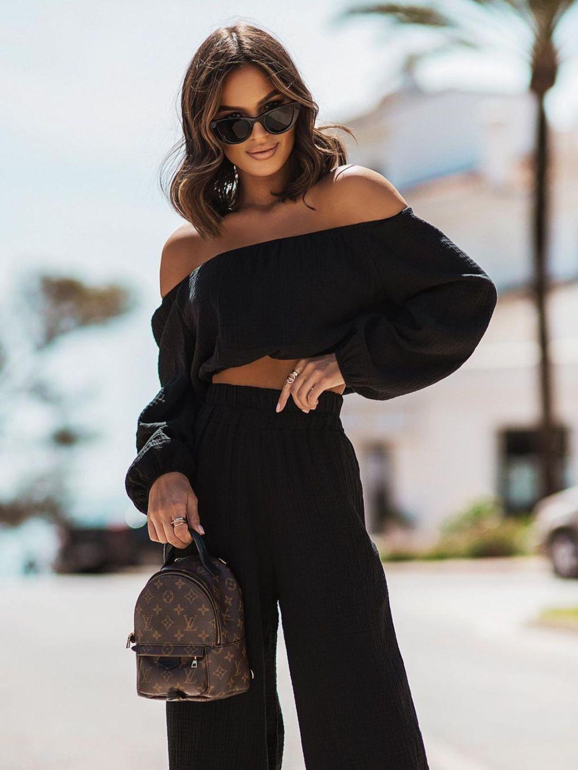 Off Shoulder Long Sleeve Top and Pants Set - Clothes For Her Online Store