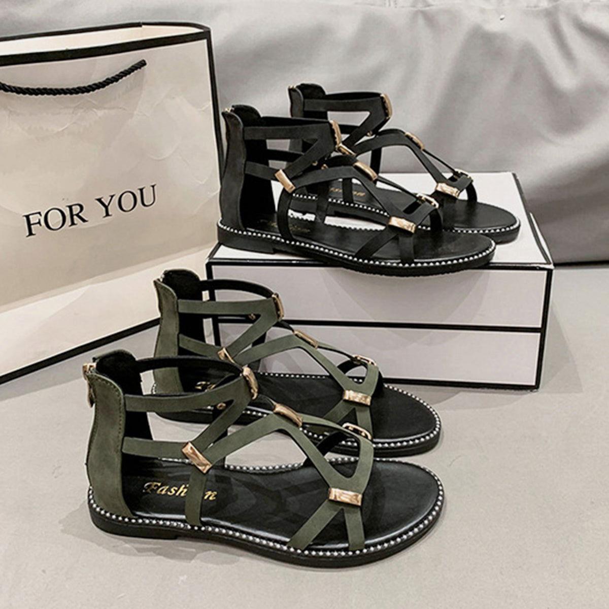 Open Toe Back Zipper Flat Sandals - Clothes For Her Online Store