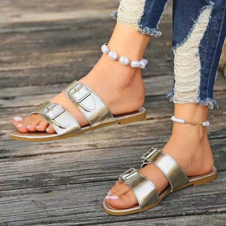Open Toe Double Buckle Sandals - Clothes For Her Online Store