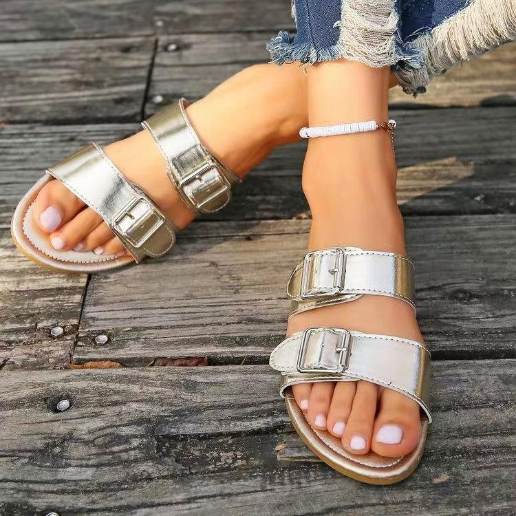Open Toe Double Buckle Sandals - Clothes For Her Online Store
