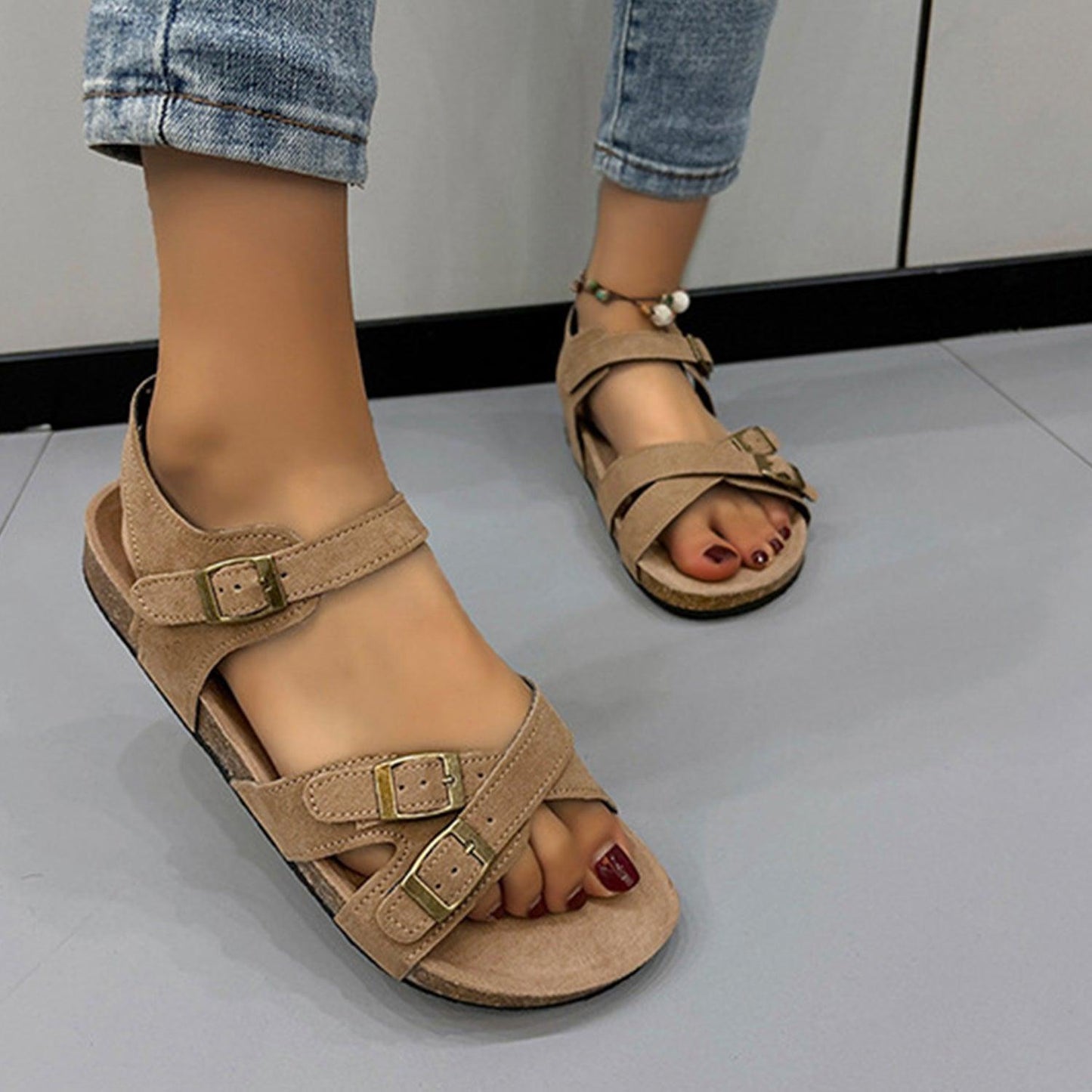 Open Toe Flat Buckle Sandals - Clothes For Her Online Store