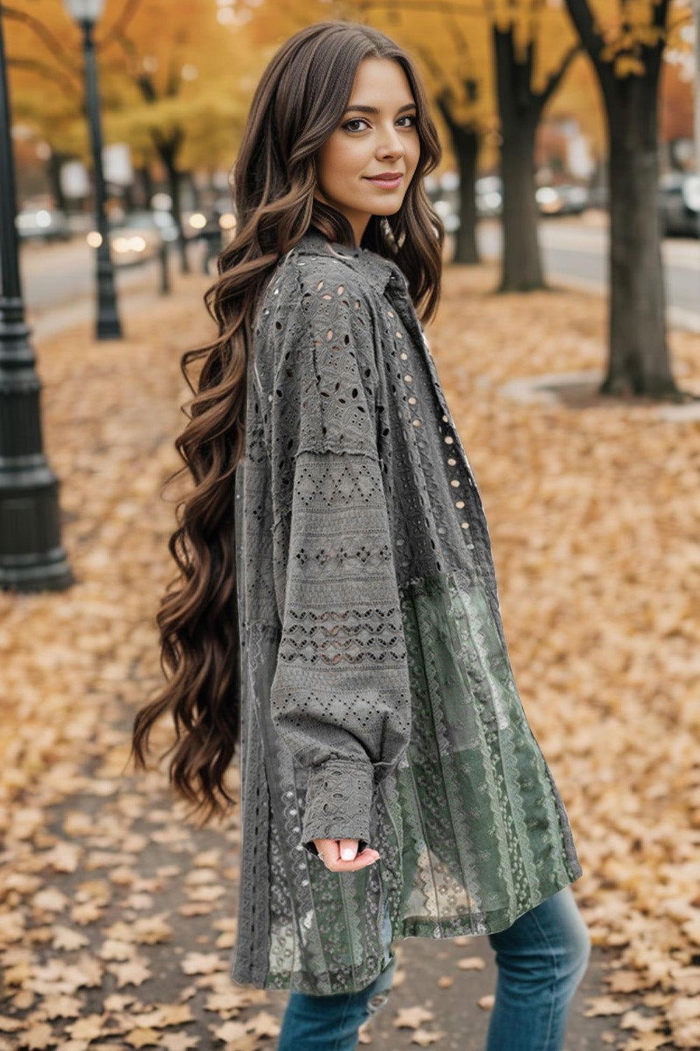 Openwork Button Up Long Sleeve Shacket - Clothes For Her Online Store