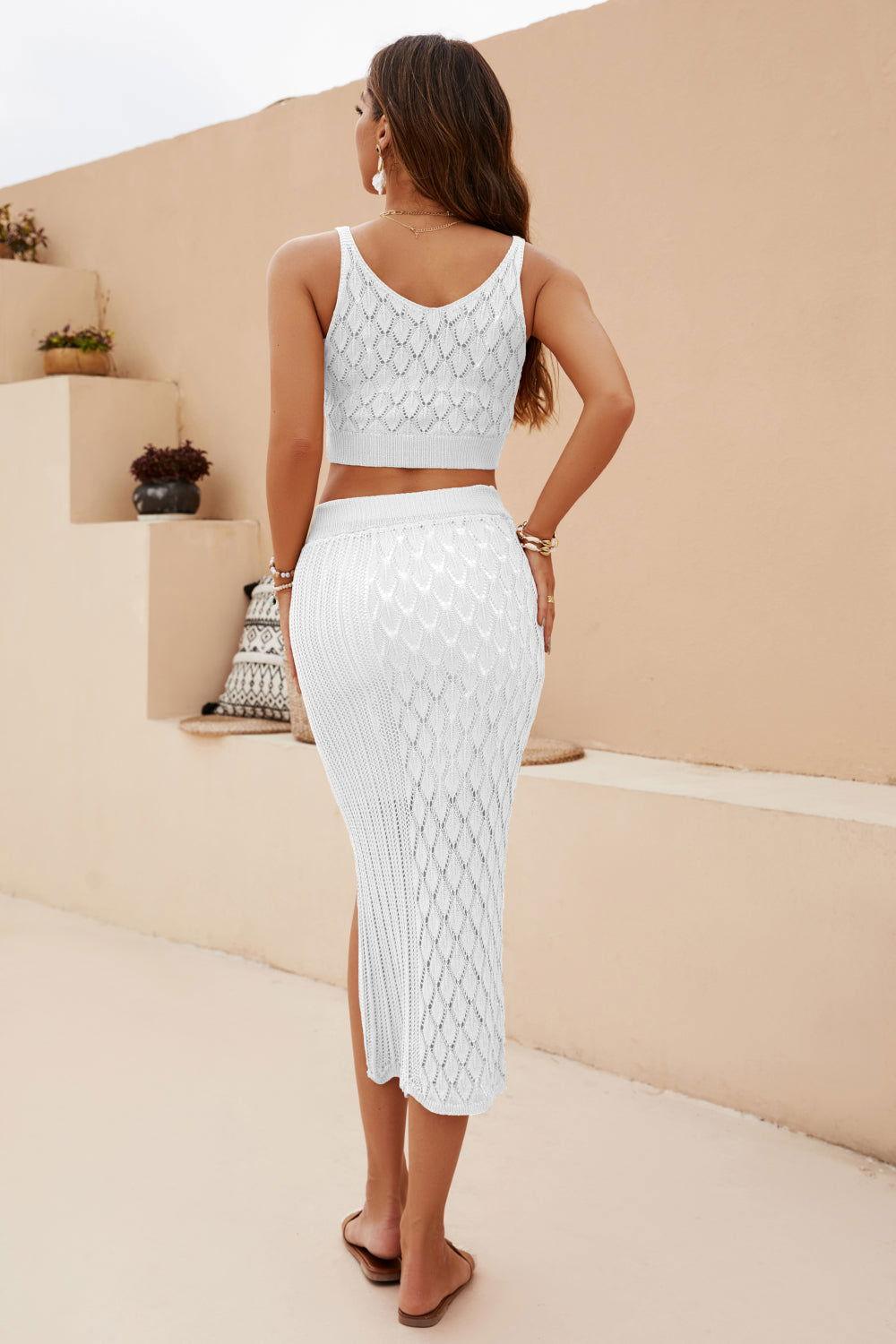 Openwork Cropped Tank and Split Skirt Set - Clothes For Her Online Store
