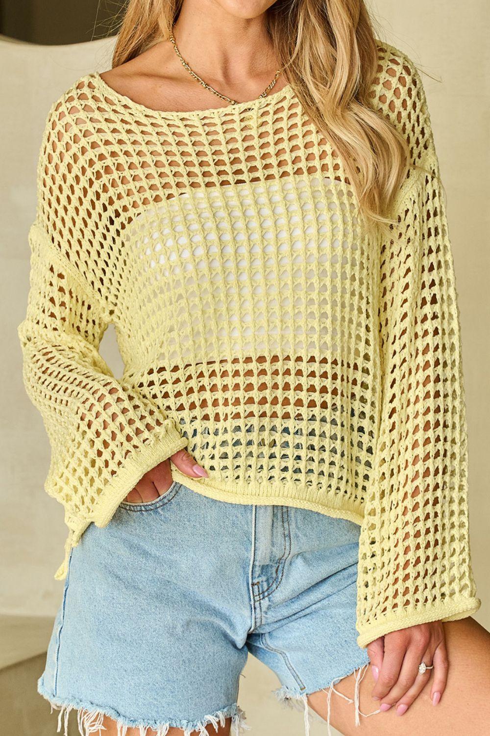 Openwork Round Neck Dropped Shoulder Knit Cover Up - Clothes For Her Online Store