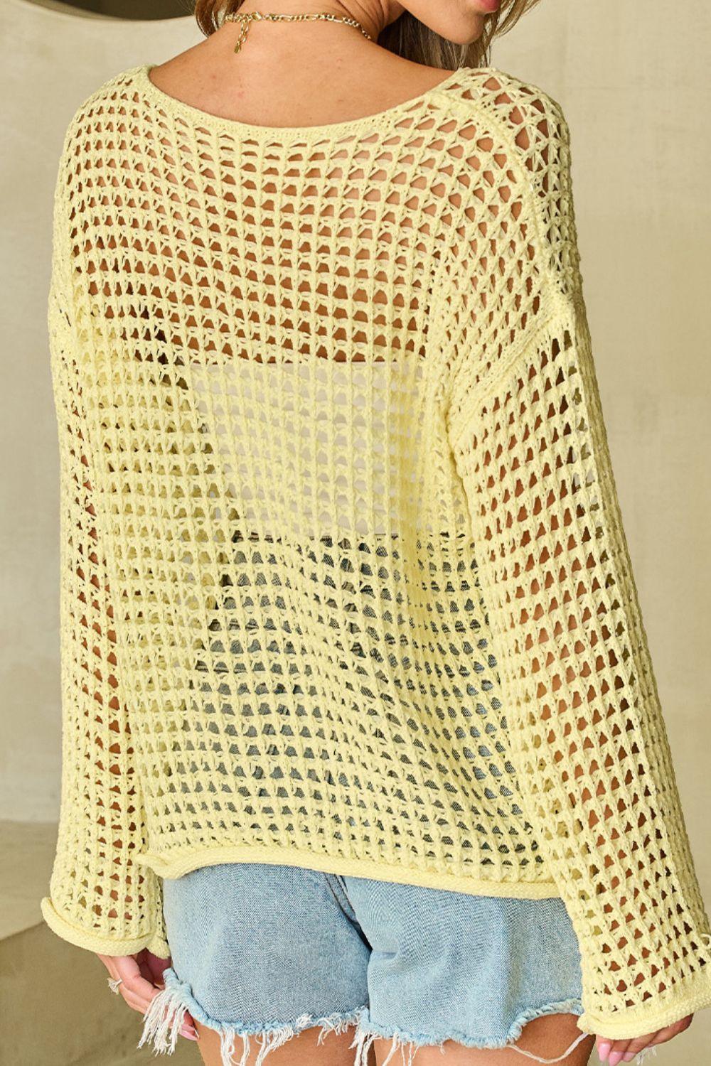Openwork Round Neck Dropped Shoulder Knit Cover Up - Clothes For Her Online Store