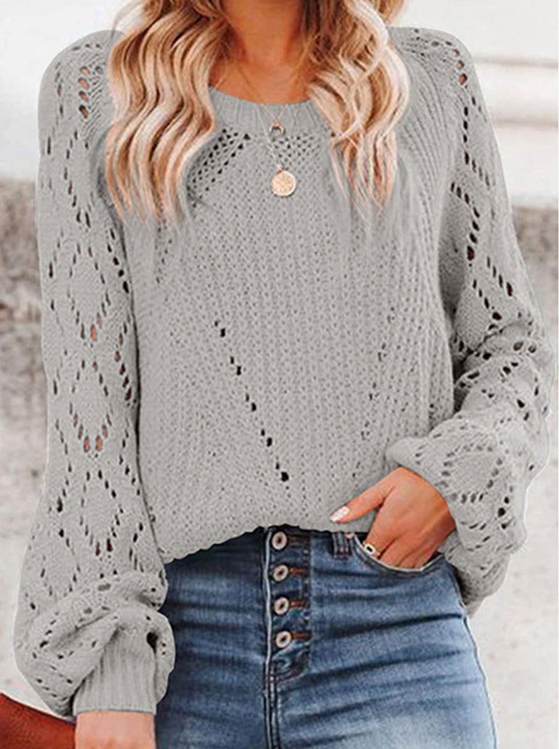 Openwork Round Neck Lantern Sleeve Sweater - Clothes For Her Online Store