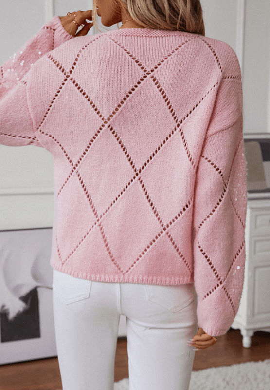 Openwork Sequin Round Neck Long Sleeve Sweater - Clothes For Her Online Store