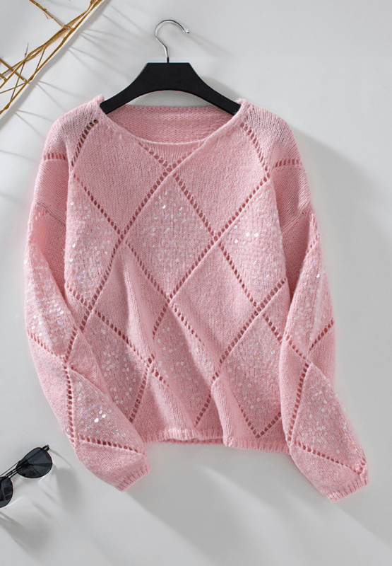 Openwork Sequin Round Neck Long Sleeve Sweater - Clothes For Her Online Store