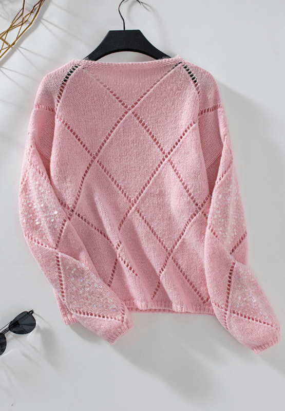 Openwork Sequin Round Neck Long Sleeve Sweater - Clothes For Her Online Store
