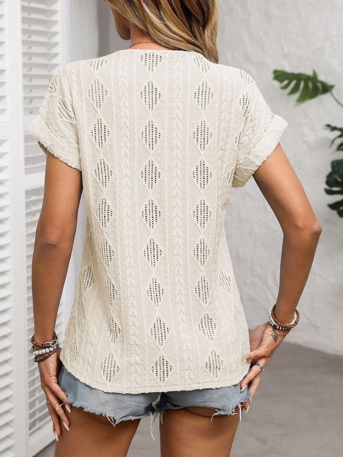 Openwork V-Neck Short Sleeve T-Shirt - Clothes For Her Online Store