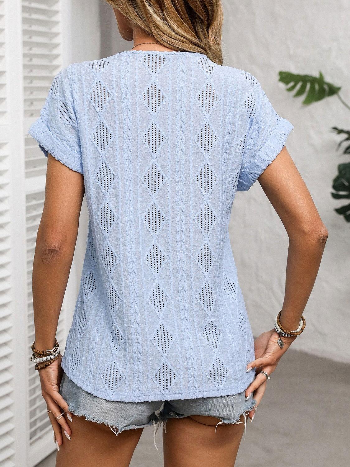 Openwork V-Neck Short Sleeve T-Shirt - Clothes For Her Online Store