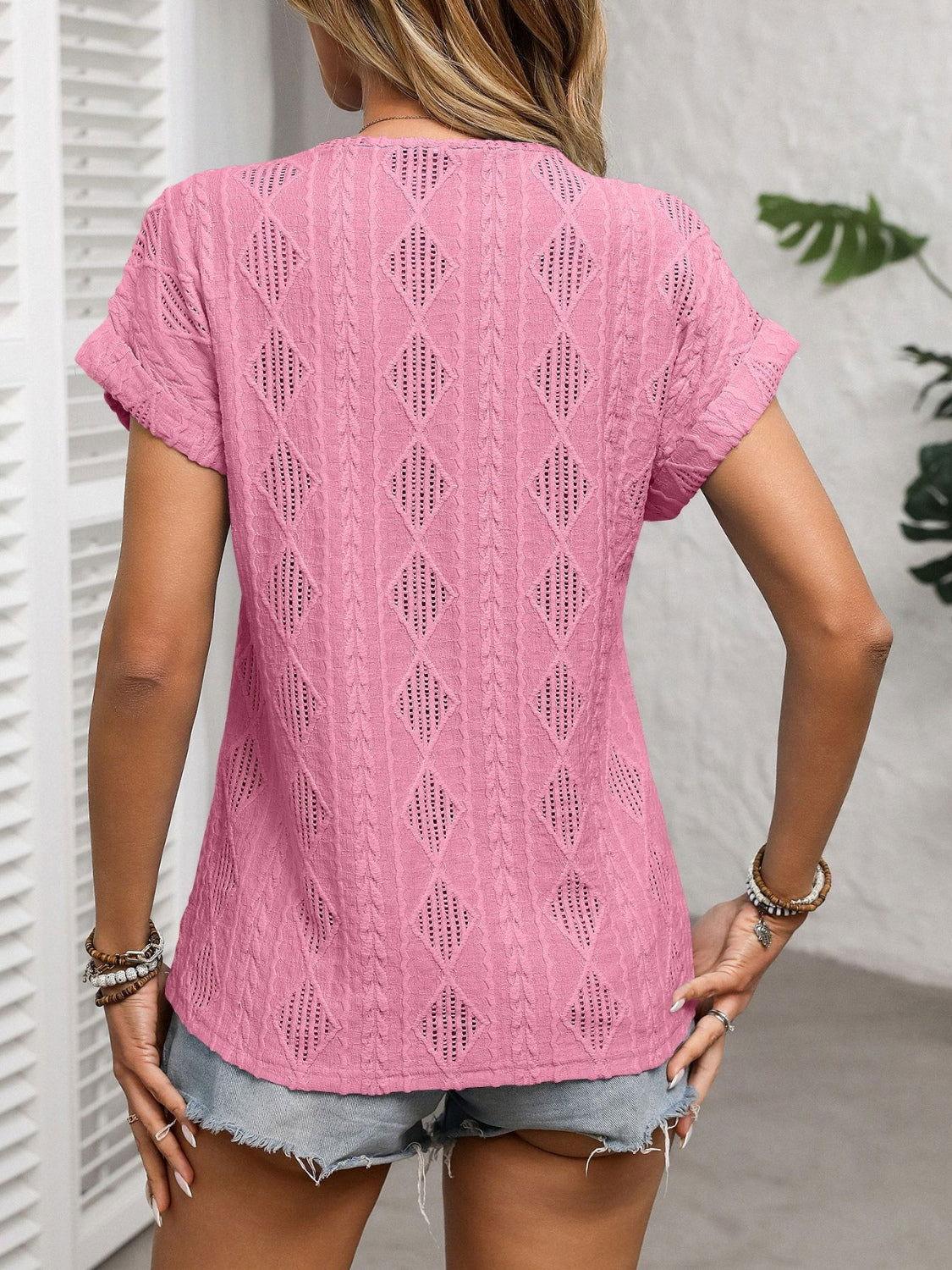 Openwork V-Neck Short Sleeve T-Shirt - Clothes For Her Online Store