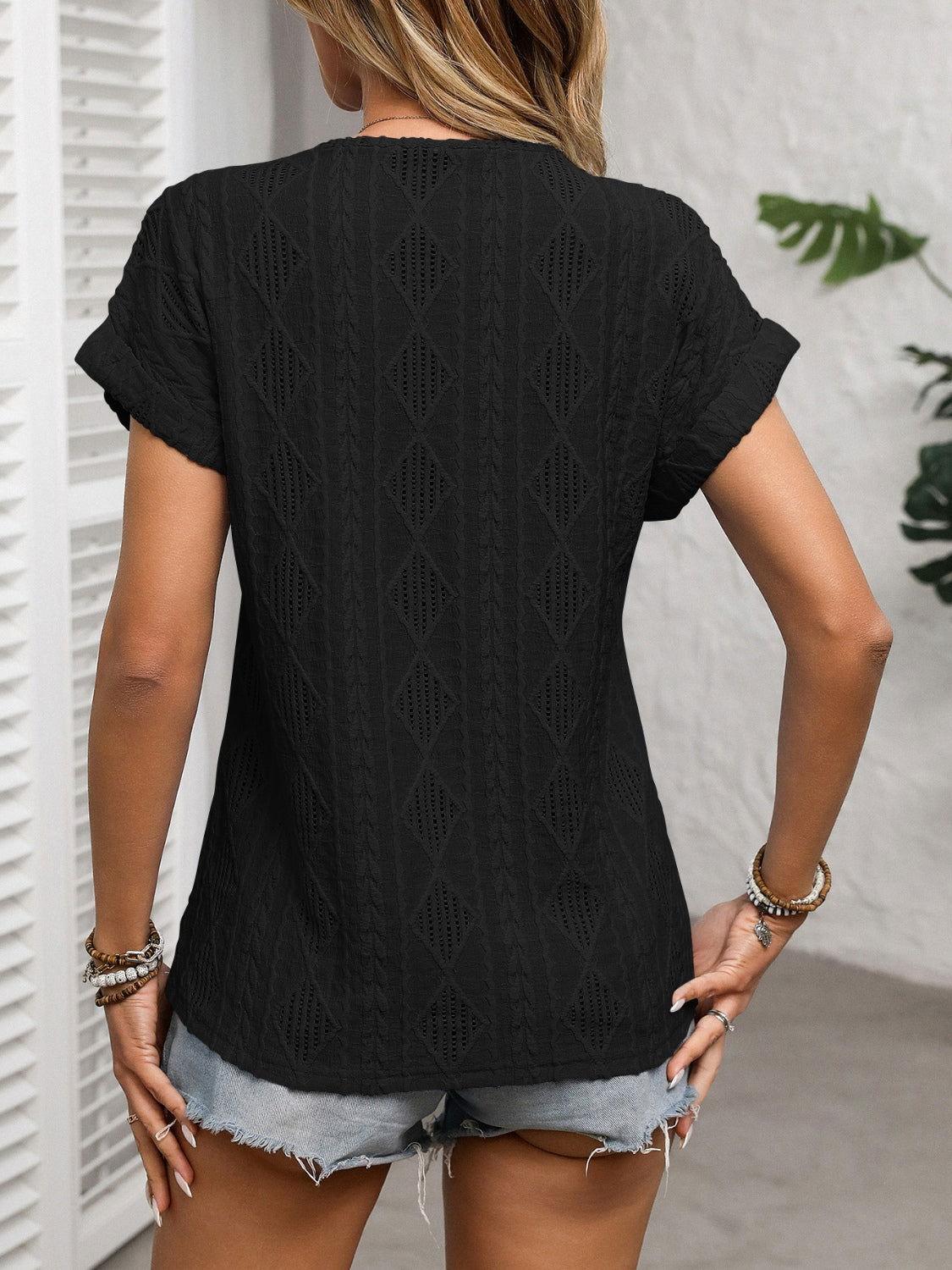 Openwork V-Neck Short Sleeve T-Shirt - Clothes For Her Online Store