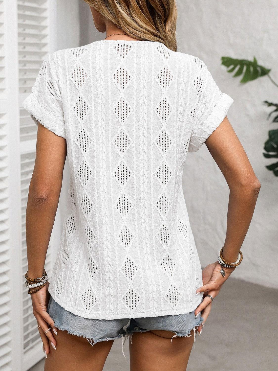 Openwork V-Neck Short Sleeve T-Shirt - Clothes For Her Online Store