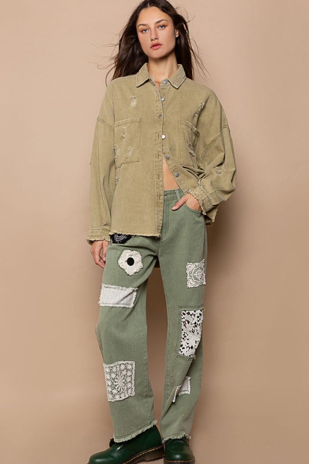 POL Button Down Raw Hem Distressed Shacket - Clothes For Her Online Store
