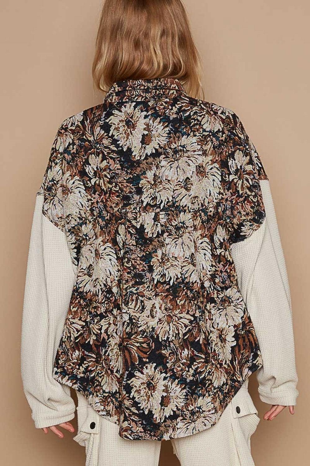 POL Contrast Sleeves Button Down Floral Jacquard Shirt - Clothes For Her Online Store